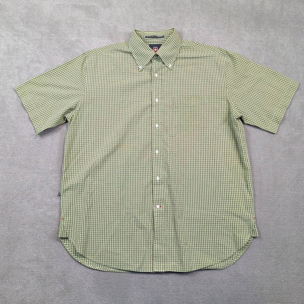 Victorinox Shirt Mens Large Green Brown Micro Check Short Sleeve Button Down